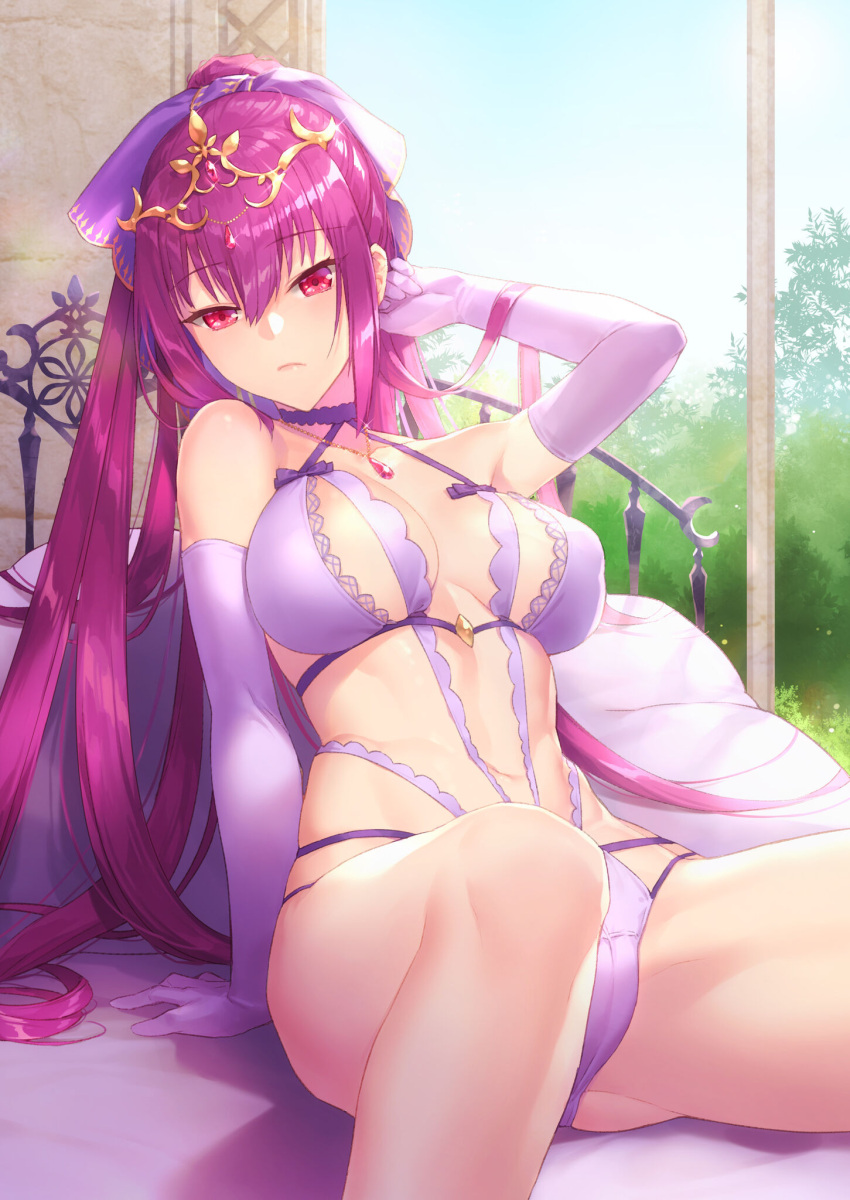 1girl arm_support arm_up bra breasts circlet demmy elbow_gloves eyebrows_visible_through_hair fate/grand_order fate_(series) glint gloves hand_in_hair highres indoors jewelry large_breasts leaning_back lingerie long_hair multi-strapped_panties navel necklace on_bed panties pendant pink_eyes pink_hair ponytail purple_bra purple_gloves purple_panties scathach_(fate)_(all) scathach_skadi_(fate/grand_order) sidelocks sitting solo underwear underwear_only very_long_hair