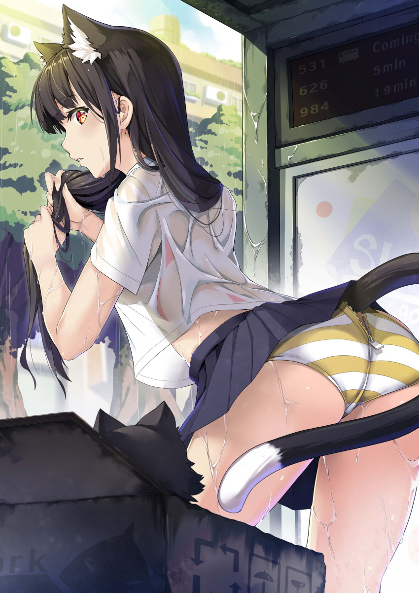 1girl absurdres animal animal_ear_fluff animal_ears ass bangs black_cat black_hair black_skirt blue_sky blunt_bangs blush breasts building bus_stop cat cat_ears cat_tail clouds cloudy_sky commentary_request day eyebrows_visible_through_hair highres jie_laite long_hair looking_at_viewer looking_back miniskirt original outdoors panties pantyshot pantyshot_(standing) parted_lips pleated_skirt rain school_uniform see-through shirt short_sleeves skirt sky solo standing striped striped_panties tail tail_cutout tree underwear upskirt wet wet_clothes wet_hair wet_shirt yellow_eyes