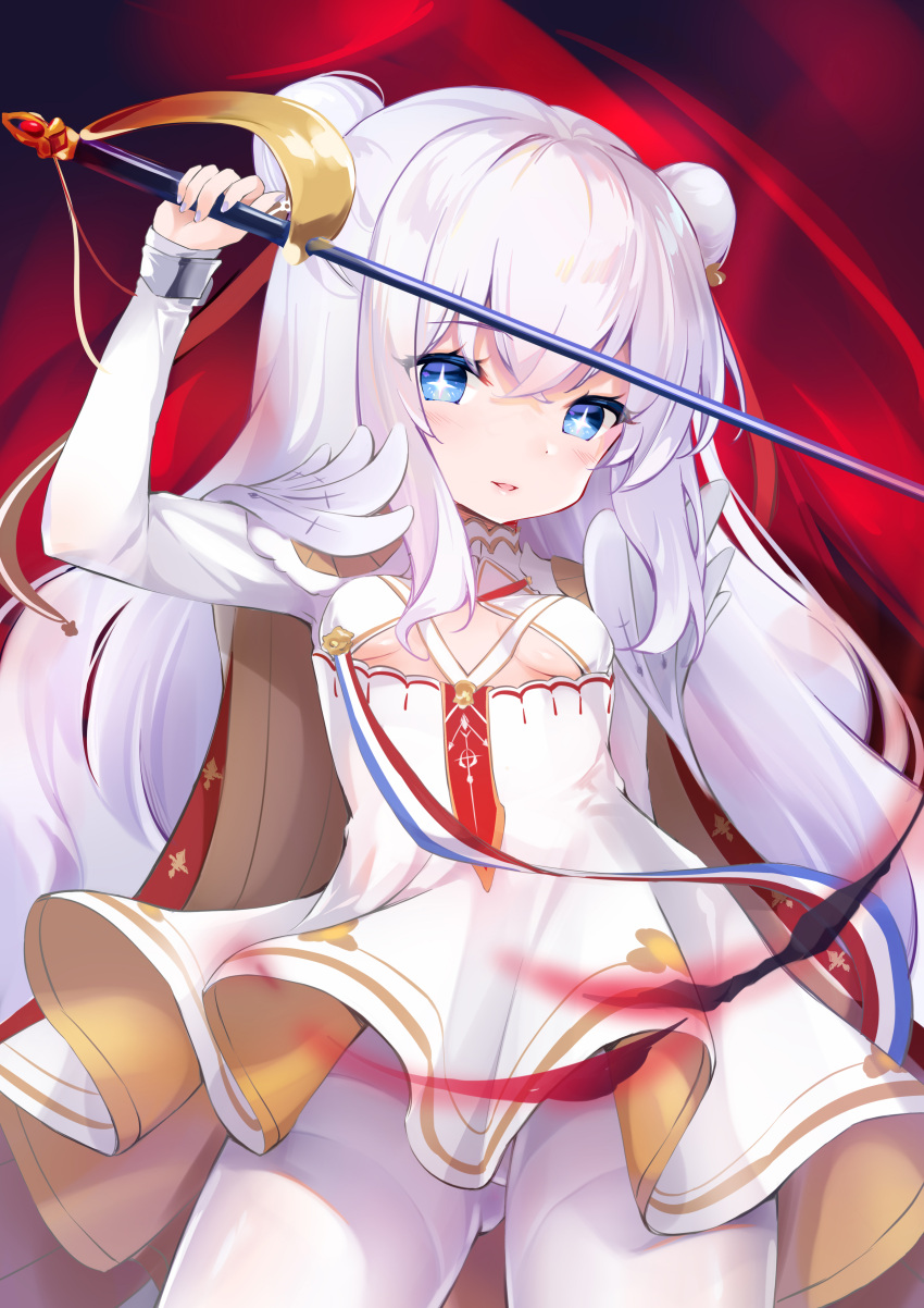 +_+ 1girl absurdres arm_up azur_lane bangs blue_eyes blush breasts cannian_dada commentary_request double_bun dress eyebrows_visible_through_hair fingernails hair_between_eyes highres holding holding_sword holding_weapon le_malin_(azur_lane) long_hair long_sleeves nail_polish pantyhose parted_lips pleated_dress purple_nails saber_(weapon) silver_hair sleeves_past_wrists small_breasts solo sword thighband_pantyhose under_boob very_long_hair weapon white_dress white_legwear