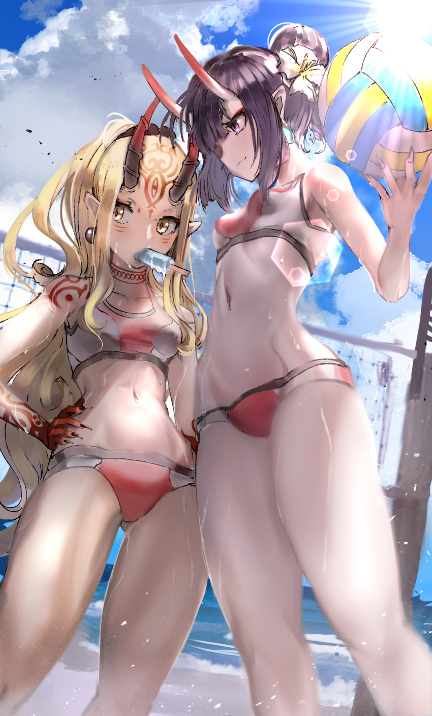 2girls bangs bare_shoulders beach blonde_hair blue_sky breasts closed_mouth collarbone earrings eyeliner facial_mark fate/grand_order fate_(series) flower food forehead_mark hair_bun hair_flower hair_ornament highres horns ibaraki_douji_(fate/grand_order) jewelry long_hair makeup mouth_hold multiple_girls nakasaku-p navel oni oni_horns pointy_ears ponytail popsicle purple_hair short_eyebrows short_hair shuten_douji_(fate/grand_order) sky small_breasts sports_bra sportswear sunlight tattoo thighs violet_eyes volleyball volleyball_net yellow_eyes
