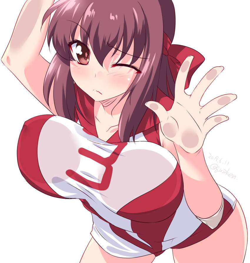 1girl against_wall arm_up bangs blush breasts brown_eyes brown_hair closed_mouth commentary cowboy_shot dated elbow_pads eyebrows_visible_through_hair frown girls_und_panzer headband highres invisible_wall kondou_taeko kuzuryuu_kennosuke large_breasts leaning_forward looking_at_viewer medium_hair one_eye_closed red_headband red_shirt red_shorts shirt short_shorts shorts simple_background sleeveless sleeveless_shirt solo sportswear standing twitter_username volleyball_uniform white_background