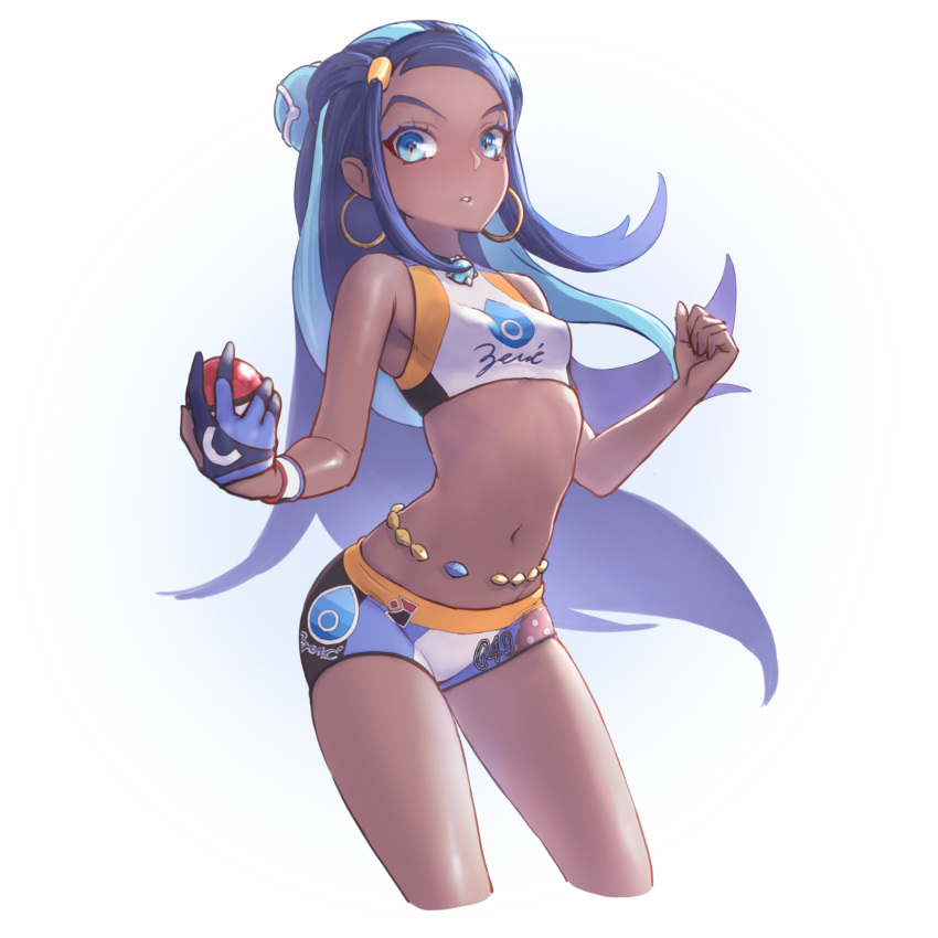1girl asymmetrical_gloves belly_chain bikini_shorts black_hair blue_eyes blue_hair braid breasts cropped_legs dark_skin earrings floating_hair gloves groin hair_ornament highres holding holding_poke_ball jewelry long_hair looking_at_viewer mao_san multicolored_hair navel o-ring parted_lips poke_ball pokemon pokemon_(game) pokemon_swsh rurina_(pokemon) shiny shiny_skin shorts simple_background single_glove small_breasts solo sports_bikini standing two-tone_hair very_long_hair white_background