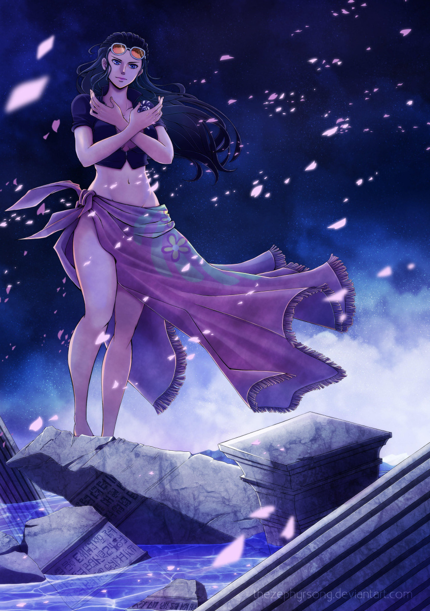 1girl absurdres afloat bare_arms bare_legs black_hair blue_eyes cherry_blossoms closed_mouth collarbone cropped_jacket crossed_arms eyewear_on_head floating_hair full_body groin hair_slicked_back hands_up highres jacket lipstick long_hair makeup midriff navel nico_robin night night_sky one_piece petals ruins short_sleeves sidelocks sky solo spartaphyx standing star_(sky) starry_sky stomach sunglasses water watermark web_address wind wind_lift