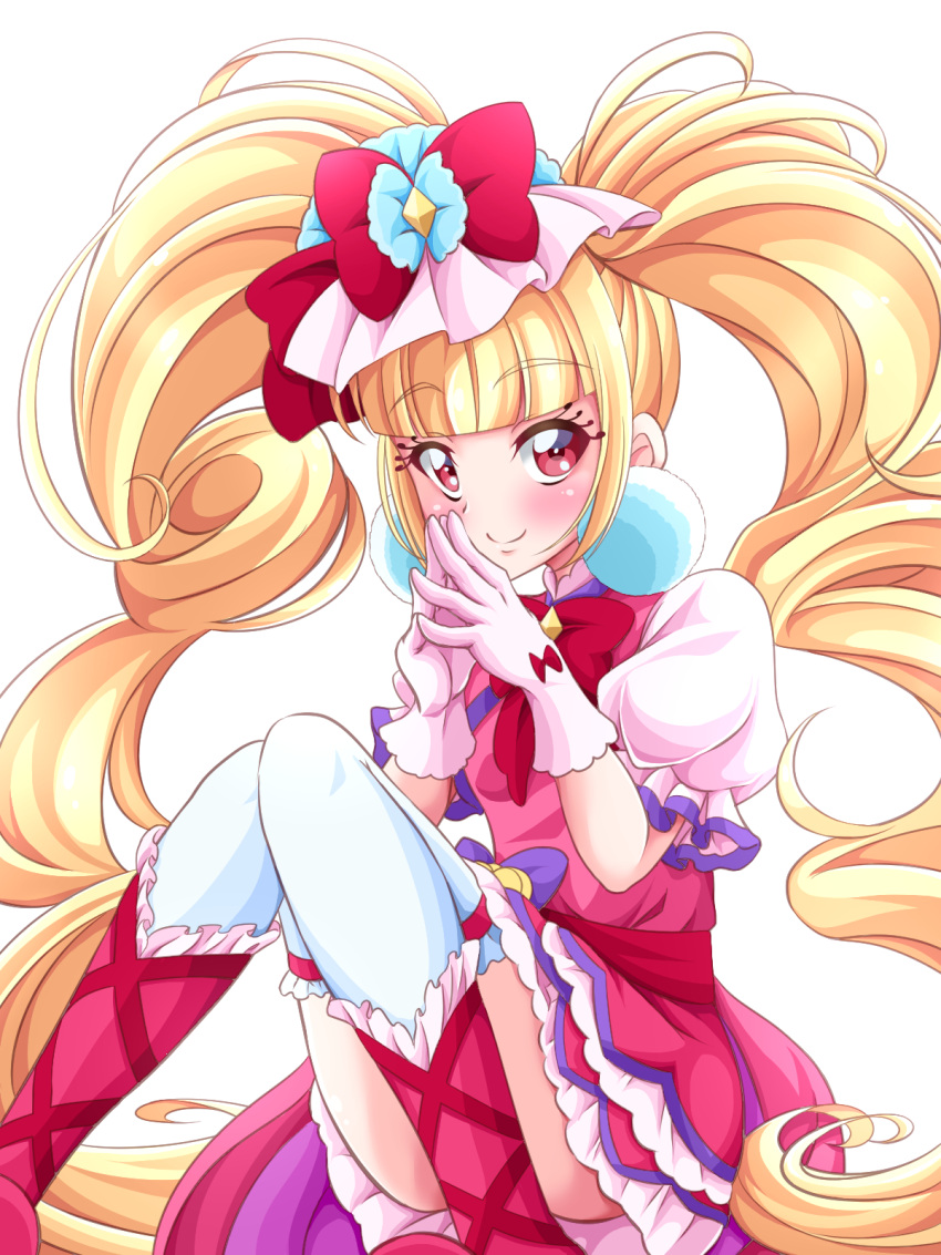 1girl aisaki_emiru bangs blonde_hair blunt_bangs bow closed_mouth commentary_request cure_macherie eyebrows_visible_through_hair gloves hair_bow highres hugtto!_precure long_hair looking_at_viewer magical_girl pink_gloves precure puffy_short_sleeves puffy_sleeves red_bow red_eyes s-operator short_sleeves simple_background smile solo thigh-highs thighs twintails very_long_hair white_background white_legwear