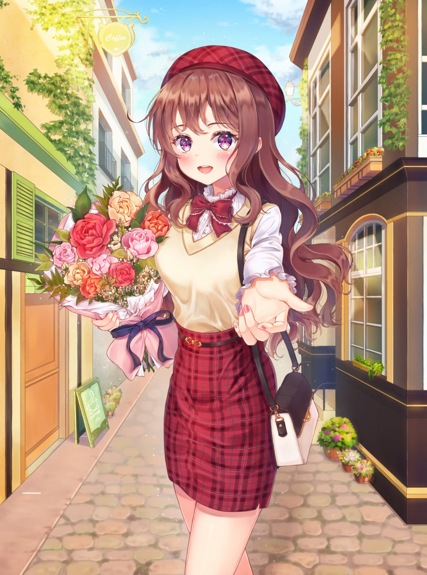 1girl :d absurdres bag bangs beret blue_sky bouquet bow breasts brown_flower brown_hair brown_rose building center_frills clouds collared_shirt commentary_request day eyebrows_visible_through_hair fingernails flower foreign_blue frills handbag hat highres holding holding_bouquet korean_commentary long_hair looking_at_viewer medium_breasts nail_polish open_mouth original outdoors outstretched_arm pink_flower pink_rose plaid plaid_hat plaid_skirt red_bow red_flower red_headwear red_nails red_rose red_skirt rose round_teeth shirt shoulder_bag sign skirt sky smile solo sweater_vest teeth upper_teeth very_long_hair violet_eyes wavy_hair white_shirt window
