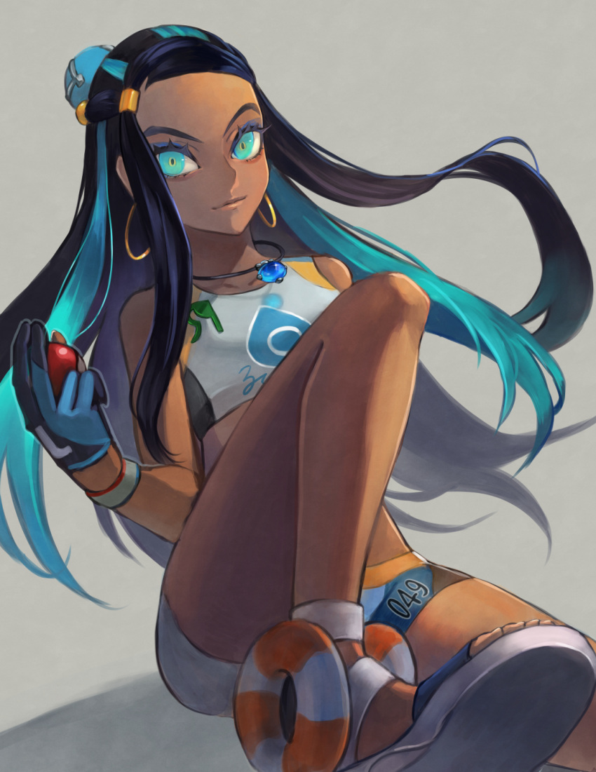 1girl bikini_shorts black_hair blue_eyes blue_hair braid closed_mouth earrings floating_hair gloves grey_background highres holding holding_poke_ball jewelry light_smile long_hair looking_at_viewer multicolored_hair necklace o-ring poke_ball pokemon pokemon_(game) pokemon_swsh rurina_(pokemon) shorts sitting sizu solo sports_bikini two-tone_hair very_long_hair