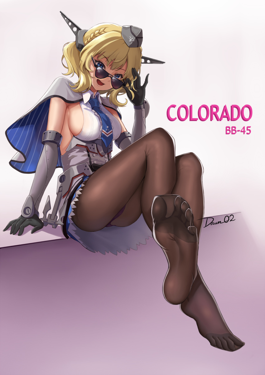 1girl :d absurdres ass black_gloves black_legwear blonde_hair breasts cape character_name colorado_(kantai_collection) dawn_(664387320) elbow_gloves feet gloves hat headgear highres kantai_collection necktie open_mouth pantyhose purple_legwear sideboob sitting skirt smile solo sunglasses