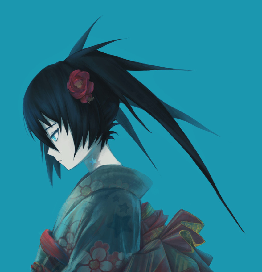 1girl alternate_costume black_hair black_rock_shooter black_rock_shooter_(character) blue_background blue_eyes blue_kimono earrings floral_print flower from_side hair_between_eyes hair_flower hair_ornament highres japanese_clothes jewelry kimono long_hair looking_down ly_(pixiv13839236) print_kimono profile red_flower simple_background solo star star_earrings twintails upper_body yukata