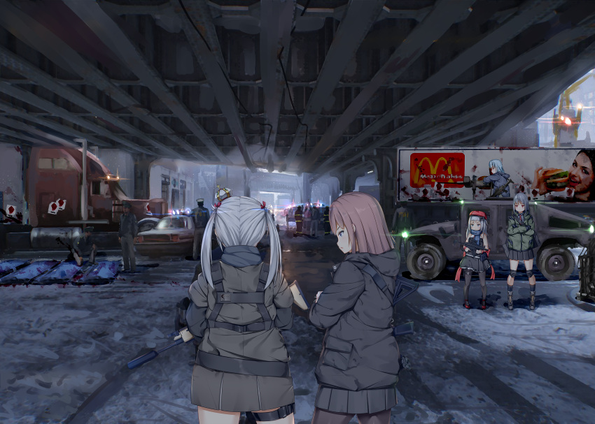5boys 5girls absurdres ar-15 beret blood brown_hair car character_request chinese_commentary commentary_request crossed_arms crown death facing_away from_behind girls_frontline ground_vehicle gun h&amp;k_mp5 hat highres holding holding_gun holding_weapon humvee long_hair mcdonald's mini_crown motor_vehicle mp5_(girls_frontline) multiple_boys multiple_girls outdoors police police_car police_uniform rifle short_hair silver_hair snow st_ar-15_(girls_frontline) submachine_gun suppressor truck twintails uniform weapon yakumo_ling