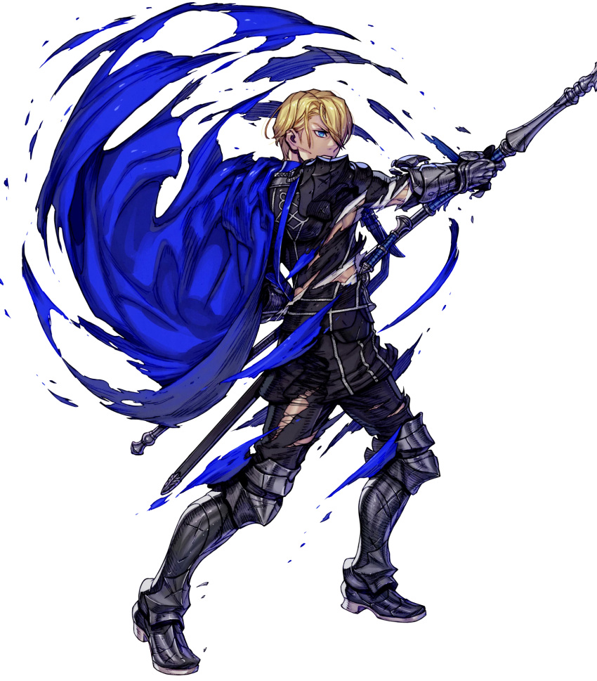 1boy armor armored_boots blonde_hair blue_eyes boots cape dimitri_alexandre_bladud_(fire_emblem) fire_emblem fire_emblem:_three_houses fire_emblem_heroes fujisaka_kimihiko full_body gauntlets gloves highres long_sleeves male_focus official_art pants polearm short_hair solo spear sword transparent_background weapon