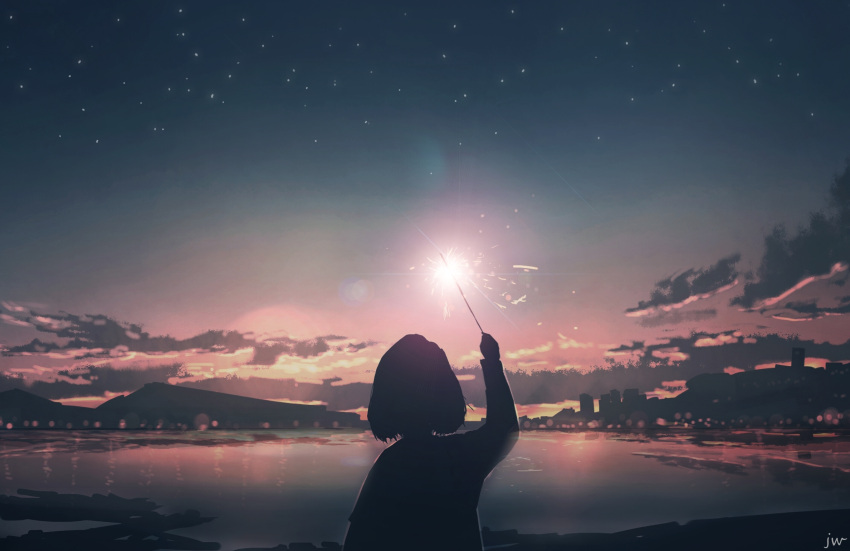 1girl backlighting city dark fireworks from_behind hand_up highres lake lens_flare original scenery short_hair silhouette skyrick9413 sparkler star_(sky) sunset water