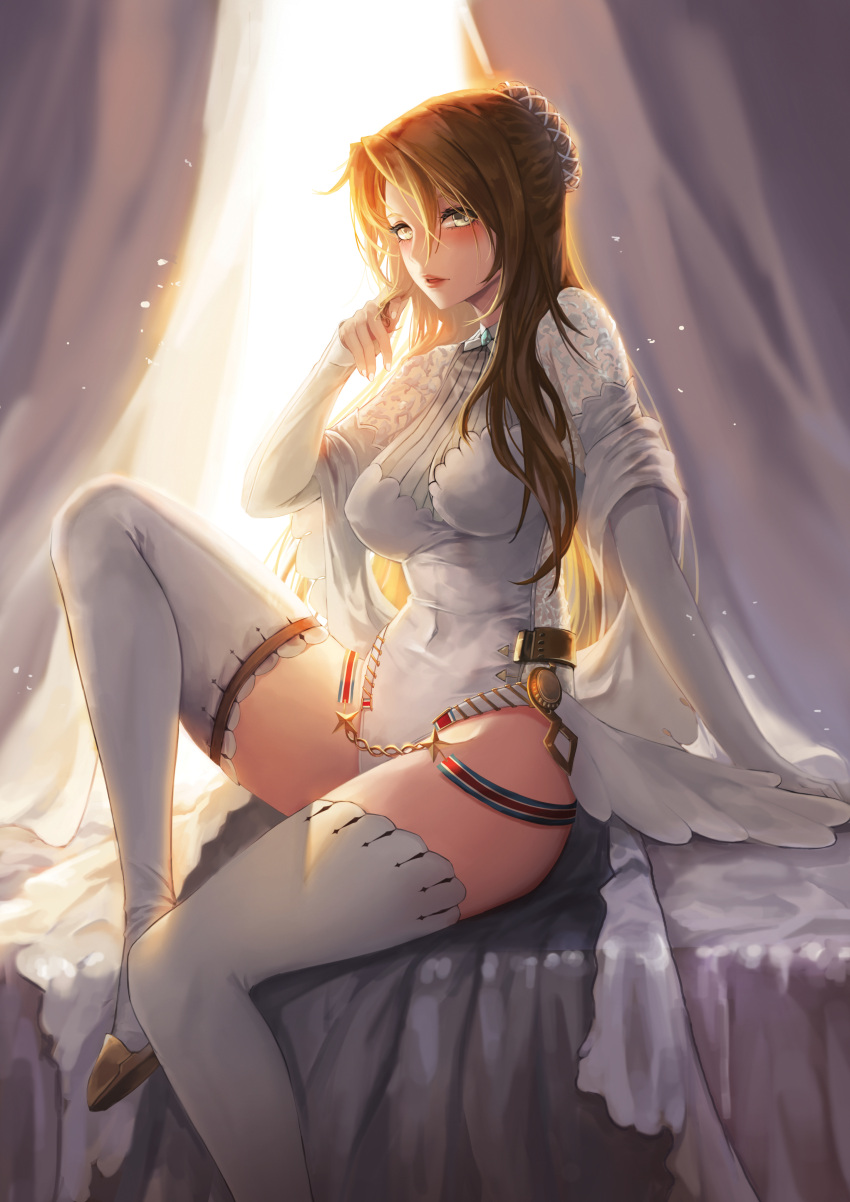 1girl absurdres alternate_costume arm_support backlighting bangs blush boots braid breasts brown_hair covered_navel dress girls_frontline gloves green_eyes hair_bun hair_ornament high_heel_boots high_heels highres kibellin knee_up large_breasts lee-enfield_(girls_frontline) leotard long_hair looking_at_viewer open_mouth playing_with_own_hair revision shawl sitting solo star thigh-highs thigh_boots wedding_dress white_footwear white_leotard