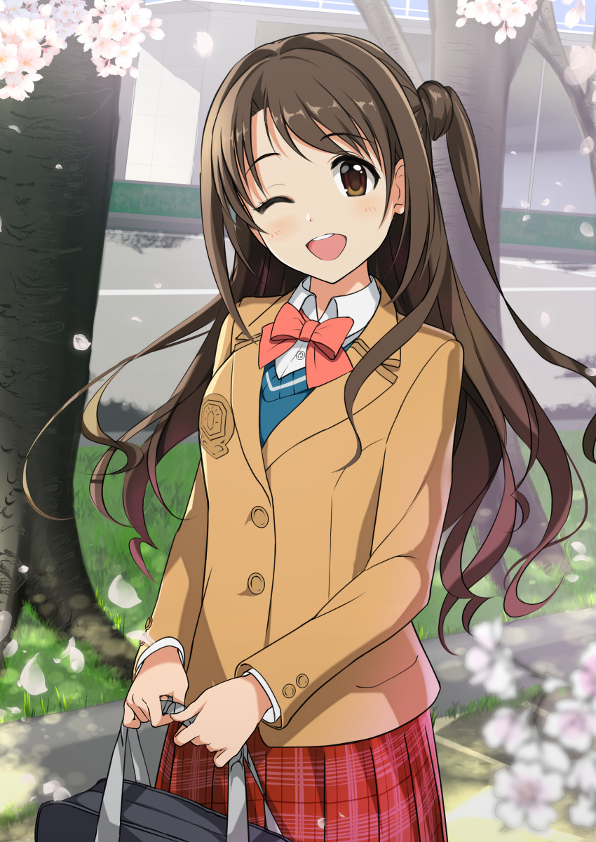 1girl ;d absurdres bag bangs black_bag blurry_foreground bow bowtie brown_eyes brown_hair brown_jacket collared_shirt dress_shirt earrings eyebrows_visible_through_hair floating_hair flower highres holding holding_bag idolmaster idolmaster_cinderella_girls jacket jewelry long_hair long_sleeves looking_at_viewer natsuya one_eye_closed open_mouth outdoors petals plaid plaid_skirt pleated_skirt red_bow red_neckwear red_skirt school_bag school_uniform shimamura_uzuki shirt side_ponytail skirt smile solo standing swept_bangs tree very_long_hair white_flower white_shirt wing_collar