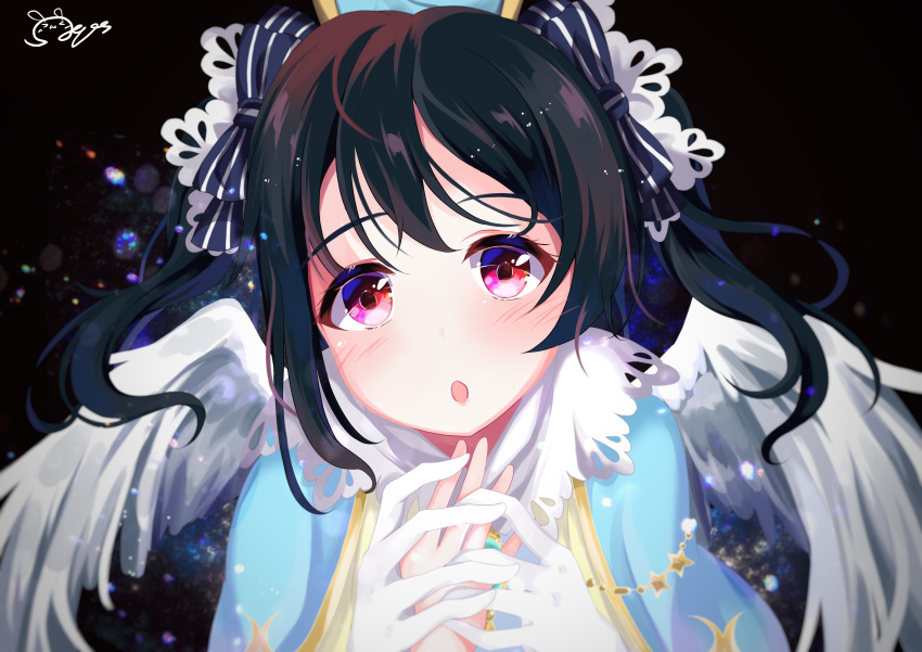 1girl :o absurdres angel_wings bangs birthday black_hair commentary_request depe eyebrows_visible_through_hair gloves hair_ribbon highres holding_hand huge_filesize looking_at_viewer love_live! love_live!_school_idol_project red_eyes ribbon shiny shiny_hair sidelocks signature solo twintails white_gloves wings yazawa_nico
