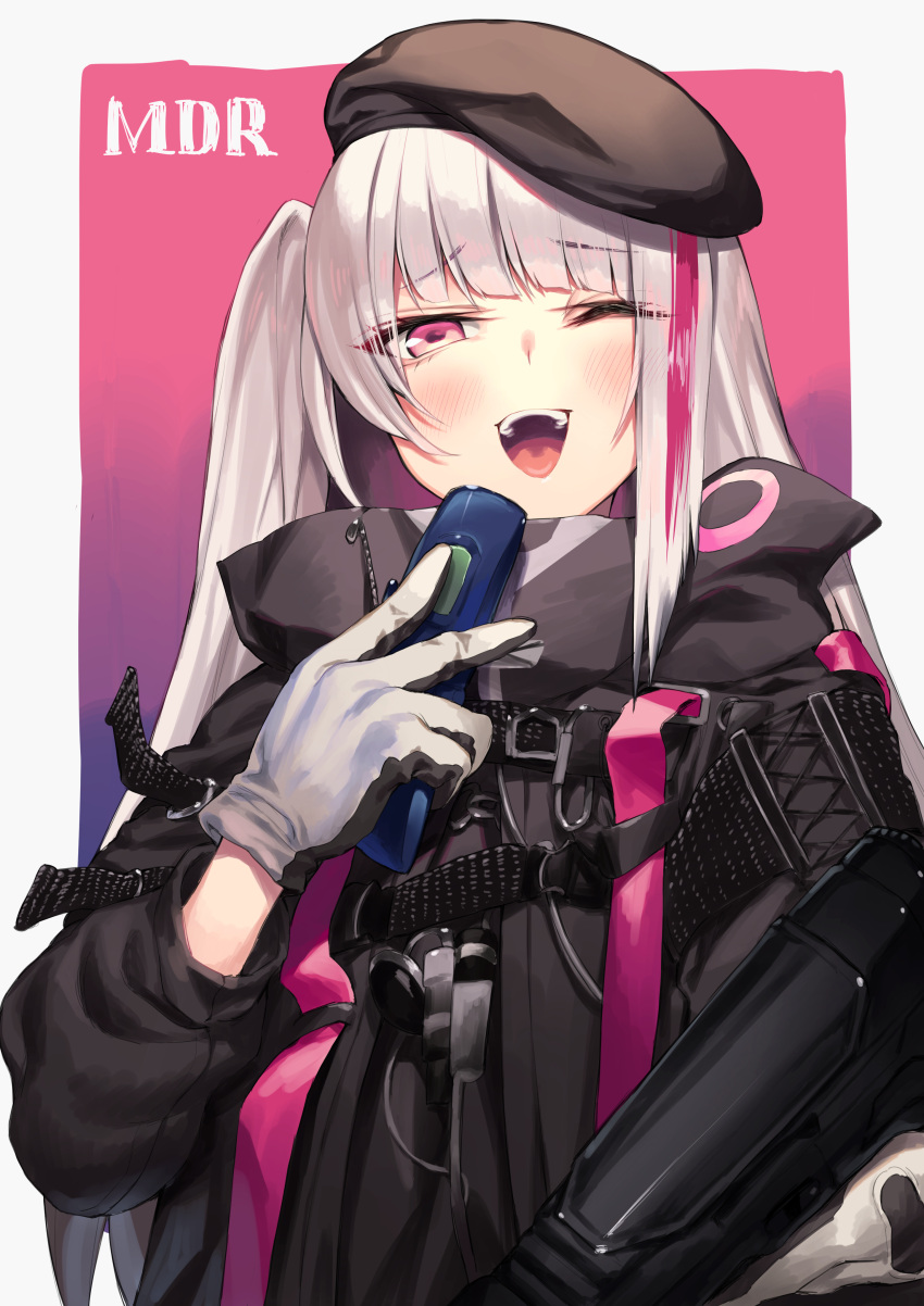 1girl absurdres backpack bag bangs beret black_gloves blue_eyes blush breasts cellphone eyebrows_visible_through_hair girls_frontline gloves grey_hair hat heterochromia highres kyo long_hair looking_at_viewer mdr_(girls_frontline) multicolored_hair one_side_up open_mouth phone pink_eyes pink_hair side_ponytail sidelocks smile solo streaked_hair tactical_clothes