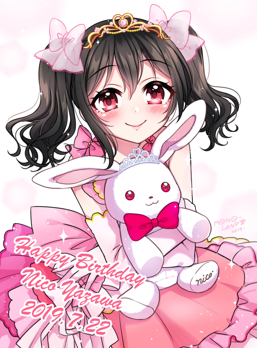 1girl 2019 bangs black_hair blush bow character_name closed_mouth commentary_request dated dress elbow_gloves eyebrows_visible_through_hair gloves hair_between_eyes hair_bow happy_birthday highres love_live! love_live!_school_idol_project mono_land object_hug pink_bow pink_dress red_bow red_eyes see-through sidelocks signature smile solo sparkle stuffed_animal stuffed_bunny stuffed_toy tiara twintails white_gloves yazawa_nico