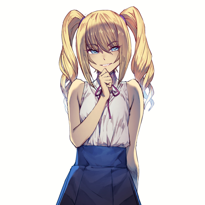 1girl bangs bare_shoulders blonde_hair blue_eyes breasts cozy eyebrows_visible_through_hair grin highres long_hair looking_at_viewer original simple_background skirt sleeveless smile solo twintails white_background