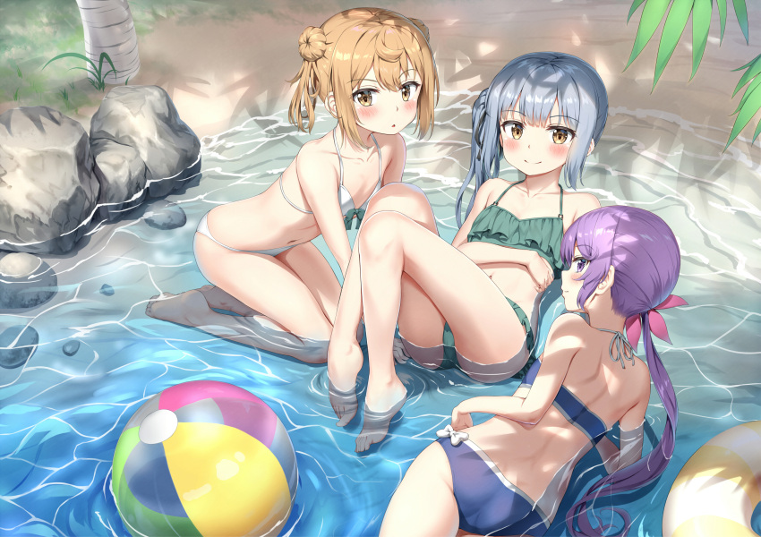 3girls :o akebono_(kantai_collection) alternate_costume ass ball bangs bare_shoulders beach beachball bikini blush breasts brown_eyes brown_hair closed_mouth collarbone commentary_request day double_bun eyebrows_visible_through_hair flower grass grey_hair hair_between_eyes hair_bun hair_flower hair_ornament highres innertube kantai_collection kasumi_(kantai_collection) leaf light_brown_hair long_hair looking_at_viewer looking_back lying michishio_(kantai_collection) multiple_girls nedia_(nedia_region) on_back on_side open_mouth outdoors palm_tree ponytail purple_hair remodel_(kantai_collection) rock sand seiza short_twintails side_ponytail silver_hair sitting small_breasts smile string_bikini swimsuit tree twintails very_long_hair violet_eyes water yellow_eyes