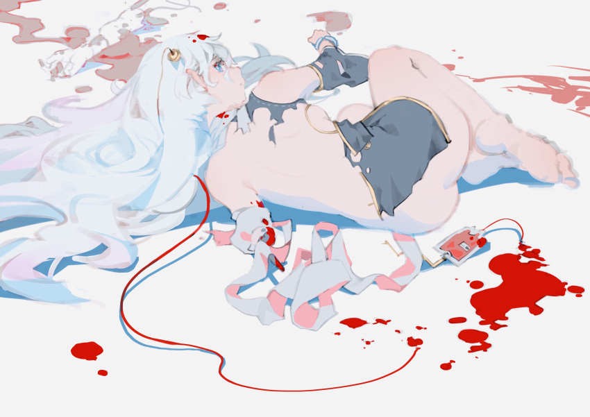 1girl aamond absurdres ass back bandages bare_shoulders barefoot blood blood_bag blue_eyes breasts girls_frontline highres limbs long_hair looking_at_viewer lying on_side ribeyrolles_1918_(girls_frontline) torn_clothes white_hair