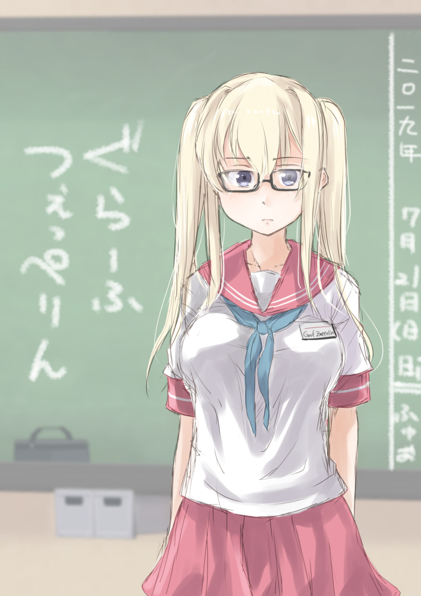 1girl alternate_costume bespectacled blonde_hair blue_neckwear blurry chalkboard classroom classroom_eraser cowboy_shot depth_of_field fyuo glasses graf_zeppelin_(kantai_collection) grey_eyes hair_between_eyes highres id_card indoors kantai_collection looking_at_viewer neckerchief pleated_skirt red_sailor_collar red_skirt sailor_collar school_uniform serafuku short_sleeves sidelocks skirt solo standing translation_request tsurime twintails