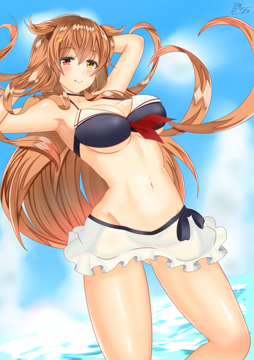 absurdres armpits blush breasts brown_eyes commentary_request from_below gradient_hair hand_in_hair heterochromia highres kantai_collection light_brown_hair long_hair looking_back matsu_(matsubozu867) midriff multicolored_hair murasame_(kantai_collection) navel red_eyes remodel_(kantai_collection) sailor_bikini sailor_collar smile swimsuit two_side_up under_boob