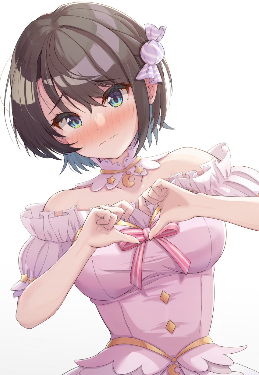 black_hair blush bow breasts candy_hair_ornament choker cosplay dress embarrassed food-themed_hair_ornament green_eyes hair_ornament heart heart_hands highres himemori_luna himemori_luna_(cosplay) hololive medium_breasts off-shoulder_dress off_shoulder oozora_subaru pink_bow pink_dress princess short_hair suicabar72 virtual_youtuber