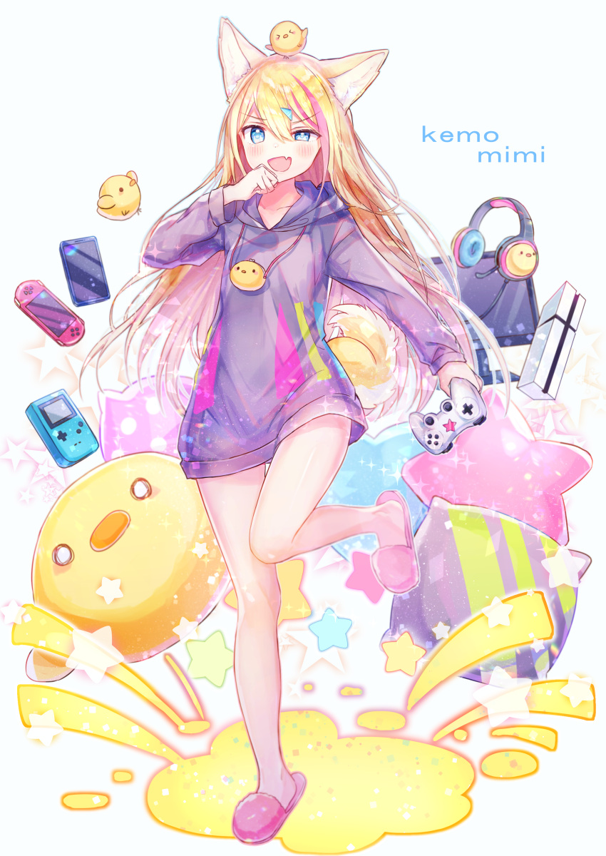 1girl :d absurdres animal animal_ears animal_on_head bare_legs bird bird_on_head blonde_hair blue_eyes chick chick_on_head commentary_request controller dog_ears dog_tail earphones fang full_body game_boy game_console game_controller gamepad handheld_game_console heart heart_pillow highres hood hood_down hoodie long_hair long_sleeves monitor naked_hoodie on_head open_mouth original pillow purple_hoodie rukako slippers smile standing star_pillow tail v-shaped_eyebrows