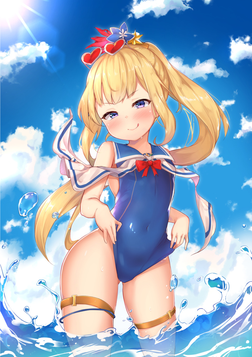 1girl bangs bare_shoulders blonde_hair blue_sky blue_swimsuit blush breasts cagliostro_(granblue_fantasy) closed_mouth covered_navel eyewear_on_head flower granblue_fantasy hair_flower hair_ornament heart heart-shaped_eyewear highleg highleg_swimsuit highres lens_flare licking long_hair looking_at_viewer ocean one-piece_swimsuit ponytail sailor_collar sky smile solo sunglasses sunlight swimsuit swimsuit_pull thigh_strap thighs tiguruvurumudo_vuorun violet_eyes wading water