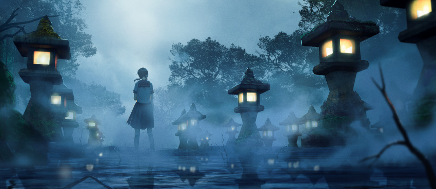 1girl black_hair branch fog forest highres lantern moss nature night night_sky original outdoors ozaki_(sn_ozk) partially_submerged reflection rock scenery school_uniform short_hair skirt sky solo standing tree water