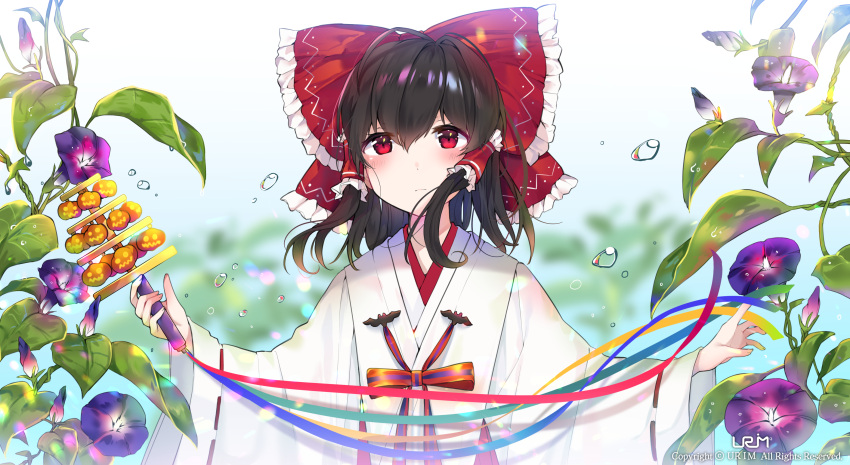 1girl absurdres black_hair blue_ribbon blurry blurry_background blush bow bubble commentary_request flower hair_between_eyes hair_bow hair_ornament hakurei_reimu highres holding japanese_clothes kimono long_hair looking_at_viewer multicolored multicolored_ribbon plant purple_flower red_bow red_eyes red_ribbon ribbon sidelocks solo tagme touhou upper_body urim_(paintur) white_kimono