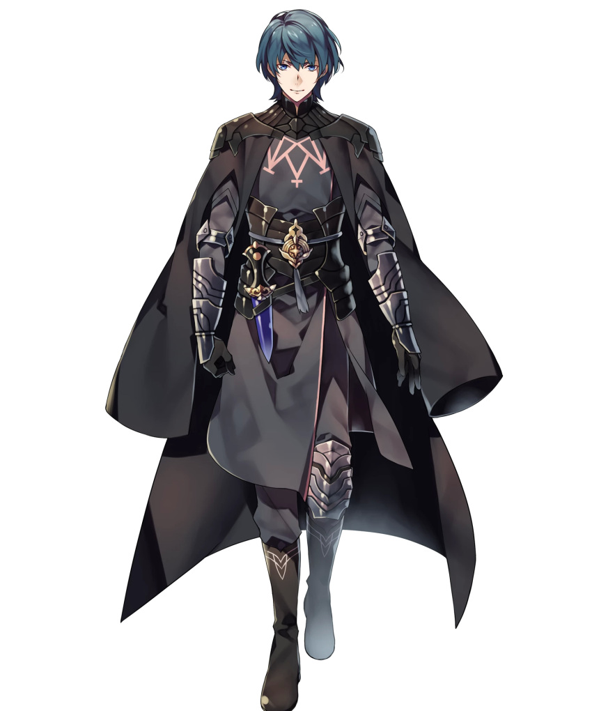 1boy 88_taho aqua_hair armor bangs black_pants blue_eyes byleth byleth_(male) closed_mouth dagger fire_emblem fire_emblem:_three_houses fire_emblem_heroes full_body gauntlets highres long_sleeves looking_at_viewer looking_away male_focus official_art pants shiny shiny_skin short_hair solo standing transparent_background weapon