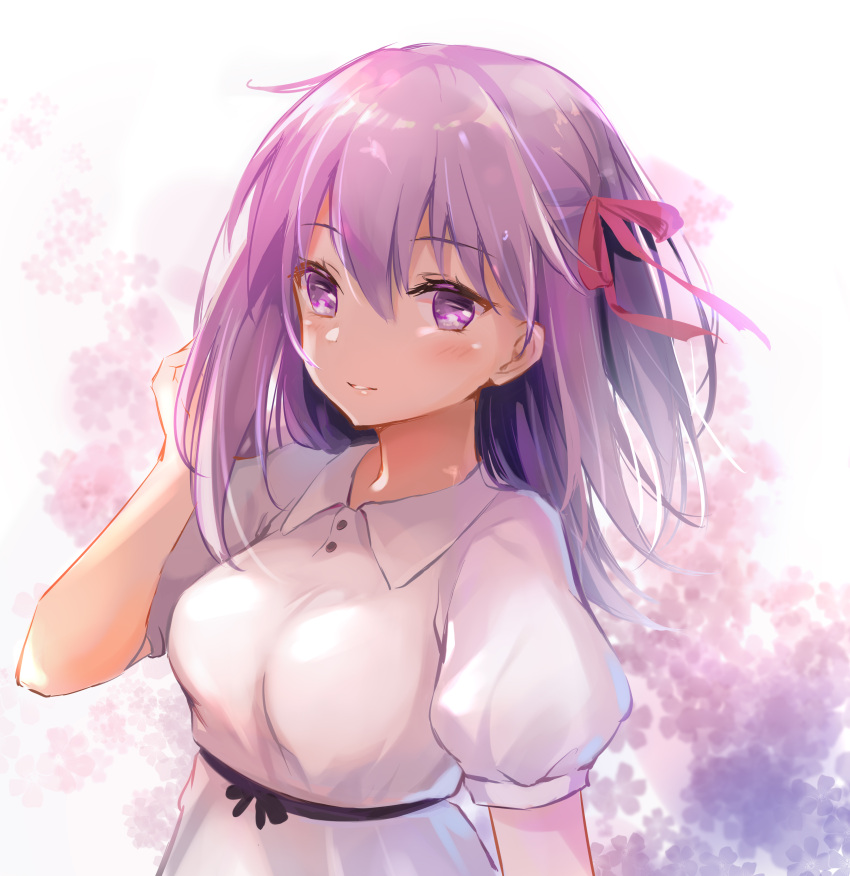1girl absurdres bangs blush breasts cannian_dada collared_shirt commentary_request dress eyebrows_visible_through_hair fate/stay_night fate_(series) hair_between_eyes hair_ribbon hand_up highres long_hair matou_sakura medium_breasts parted_lips puffy_short_sleeves puffy_sleeves purple_hair red_ribbon ribbon shirt short_sleeves solo upper_body violet_eyes white_dress