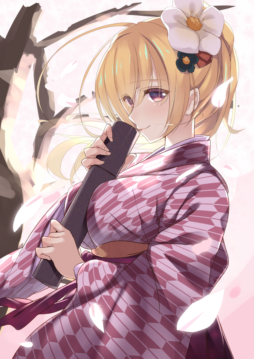 1girl absurdres ahoge alternate_hairstyle between_breasts blonde_hair blurry branch breasts case cherry_blossoms commentary_request depth_of_field falling_petals fingernails flower from_side glowing_petals graduation hair_blowing hair_flower hair_ornament hakama hakoniwa-boxer highres japanese_clothes kimono lena_liechtenauer lips long_hair looking_at_viewer obi petals sash senren_banka smile solo tree upper_body violet_eyes wide_sleeves yagasuri yuzu-soft