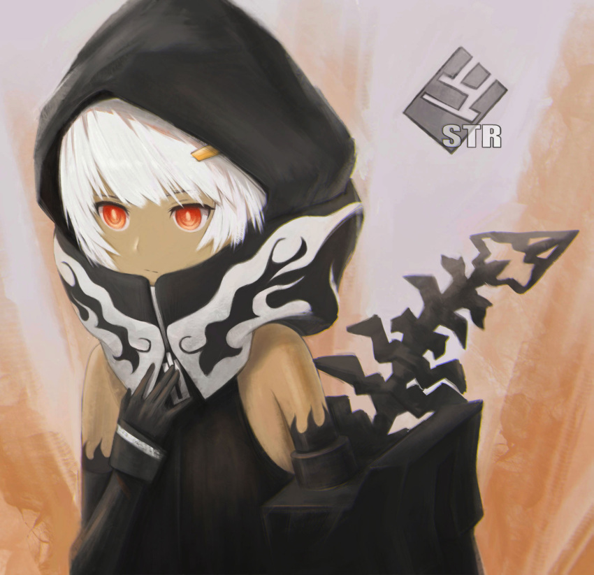 1girl black_gloves black_hoodie black_rock_shooter black_sleeves dark_skin detached_sleeves gloves hair_ornament hairclip highres hood hood_up long_sleeves ly_(pixiv13839236) red_eyes short_hair silver_hair solo strength_(black_rock_shooter) upper_body