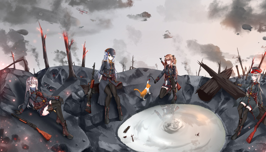 404_(girls_frontline) 4girls aircraft airplane artist_request battlefield_(series) battlefield_1 biplane crossover dirigible g11_(girls_frontline) germany girls_frontline gun hat helmet highres hk416_(girls_frontline) holding holding_weapon machine_gun military military_uniform multiple_girls peaked_cap rifle rifle_on_back shotgun ump45_(girls_frontline) ump9_(girls_frontline) uniform weapon world_war_i