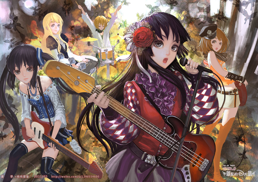 5girls acoustic_guitar akiyama_mio alternate_costume argyle_sleeves backlighting band bass_guitar black_hair blonde_hair blue_eyes breasts brown_eyes brown_hair commentary_request day drum drum_set drumsticks electric_guitar flower foreshortening frilled_shirt frills grey_eyes guitar hair_flower hair_ornament hime_cut hirasawa_yui instrument k-on! keyboard_(instrument) kotobuki_tsumugi long_hair long_sleeves microphone microphone_stand multiple_girls music nakano_azusa over-kneehighs playing_instrument puffy_long_sleeves puffy_short_sleeves puffy_sleeves shirt short_hair short_sleeves singing small_breasts tainaka_ritsu thigh-highs twintails xiaji