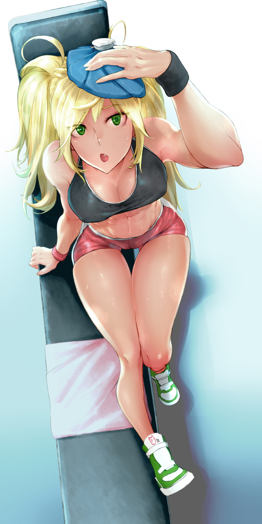 1girl abs absurdres arm_support arm_up blonde_hair breasts commentary_request crop_top danberu_nan_kiro_moteru? dark_skin eyelashes fang fingernails from_above full_body green_eyes hand_to_head highres ice_pack korean_commentary large_breasts long_hair muscle muscular_female open_mouth sakura_hibiki_(danberu_nan_kiro_moteru?) shoes short_shorts shorts signature skindentation sneakers solo sweat thigh_gap thighs twintails very_long_hair weight_bench wristband zcune