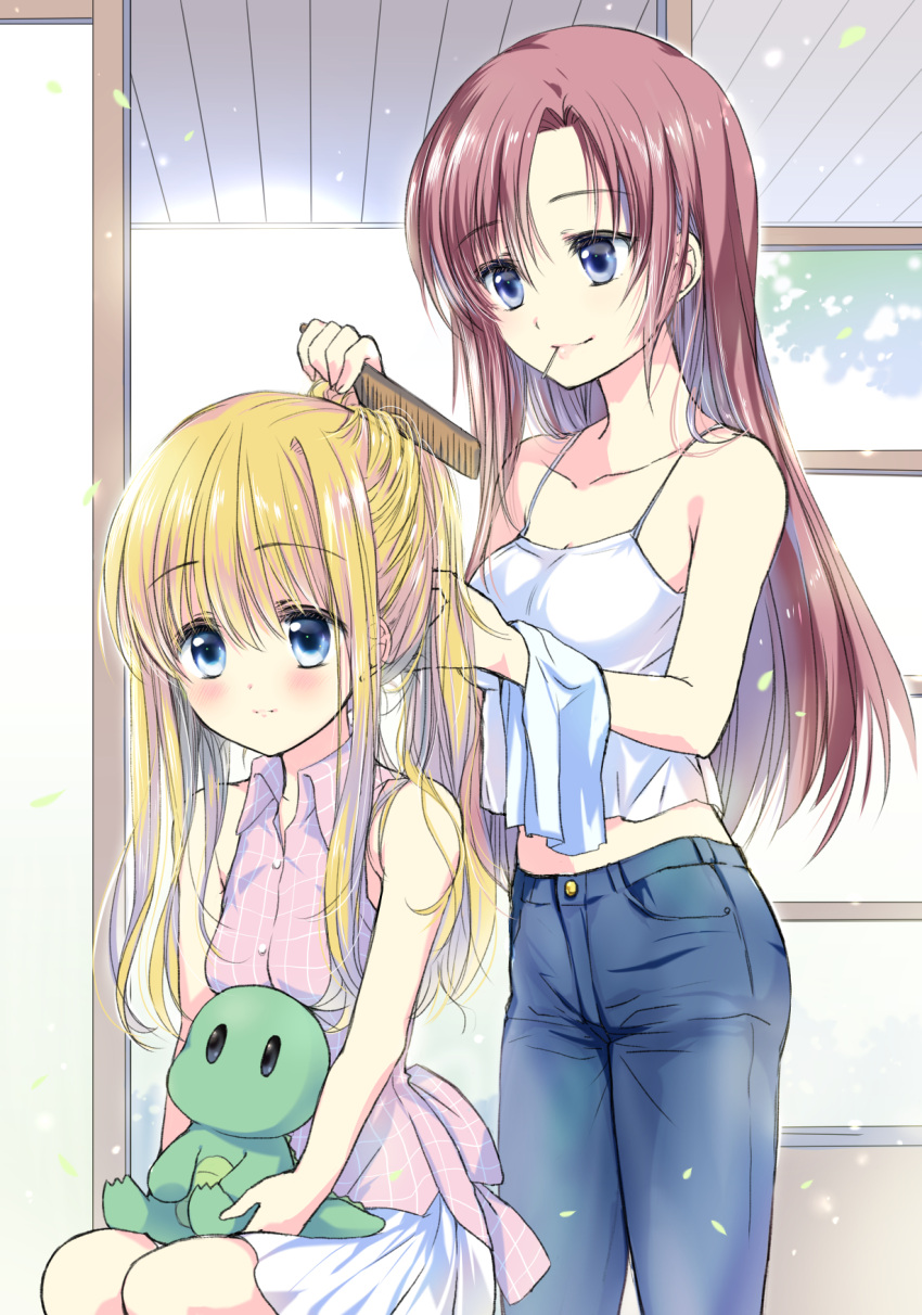 1girl air blonde_hair blouse blue_eyes blue_pants casual commentary_request denim dinosaur feet_out_of_frame hair_brush hair_brushing highres izumi_rei jeans kamio_haruko kamio_misuzu long_hair mouth_hold pants pink_shirt redhead shirt sitting skirt sleeveless sleeveless_shirt solo stuffed_toy tank_top white_blouse white_skirt