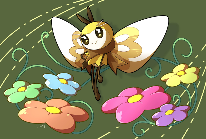 brown_scarf bug closed_mouth commentary creature eagle_(pixiv8177028) flower full_body gen_7_pokemon grey_background highres insect looking_at_viewer no_humans pokemon pokemon_(creature) ribombee scarf signature smile solo translated