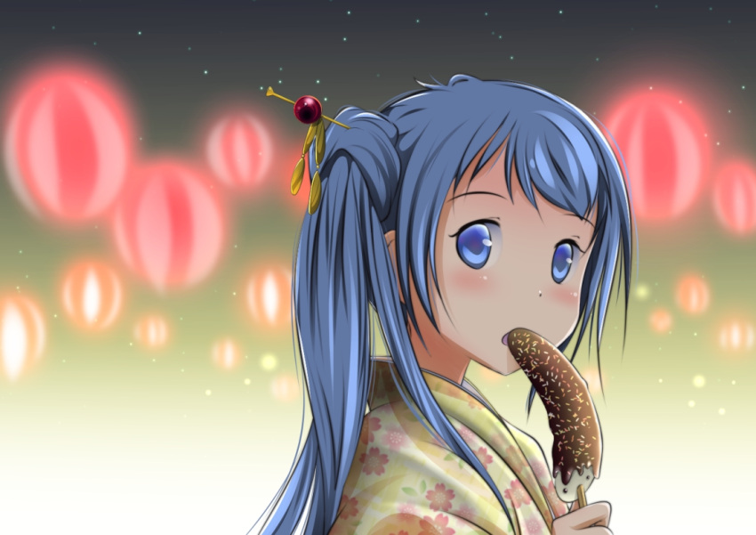 1girl bangs blue_eyes blue_hair blush chocolate_banana commentary_request eating eyebrows_visible_through_hair food hair_ornament holding holding_food japanese_clothes kantai_collection kimono lantern looking_at_viewer looking_to_the_side night night_sky samidare_(kantai_collection) side_ponytail sky solo summer_festival swept_bangs upper_body yamaneko_suzume yukata