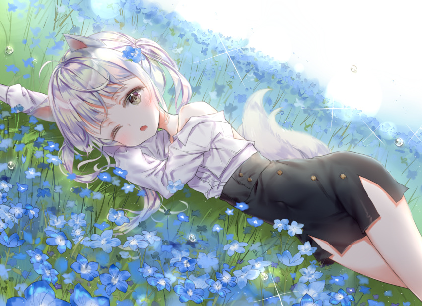 1girl animal_ears arms_up backlighting bare_shoulders black_skirt blue_flower blush brown_eyes commentary commission dog_ears dog_girl dog_tail dutch_angle english_commentary field flower flower_field grass long_hair long_sleeves looking_at_viewer lying off_shoulder on_grass on_side one_eye_closed open_mouth original qlakwnd shirt silver_hair skirt solo tail tail_raised twintails white_shirt