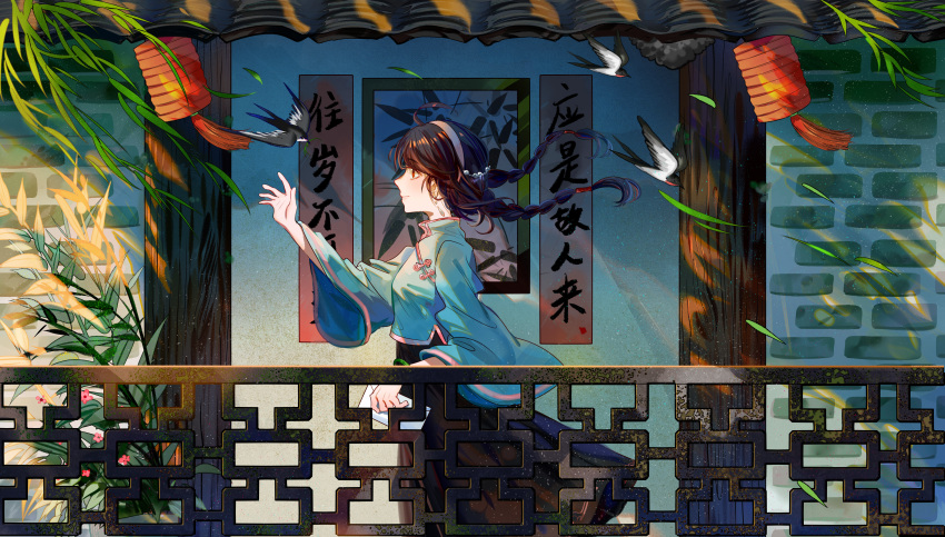 1girl absurdres arm_up bird black_hair black_skirt braid branch brick_wall brown_eyes china_dress chinese_clothes chinese_text closed_mouth commentary doorway dress flower green_dress green_theme hair_ornament hairband highres holding holding_letter jamjar77 lantern leaf letter painting_(object) reaching_out skirt smile solo standing twintails vocaloid vocanese wind yuezheng_ling