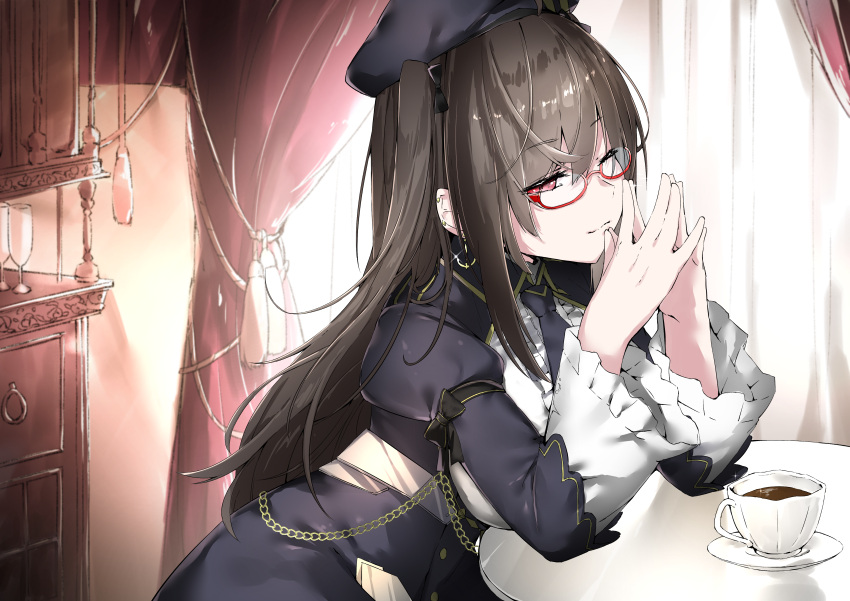 1girl absurdres azur_lane bangs beret black_bow black_headwear black_jacket bow breasts brown_hair center_frills champagne_flute closed_mouth commentary_request cotton_kanzaki cup curtains drawer dress drinking_glass eyebrows_visible_through_hair frills glasses hair_between_eyes hair_bow hand_up hat highres jacket juliet_sleeves london_(azur_lane) long_hair long_sleeves medium_breasts necktie pantyhose pleated_dress puffy_sleeves red-framed_eyewear red_eyes semi-rimless_eyewear shirt short_necktie skirt smile solo table teacup two_side_up under-rim_eyewear very_long_hair white_background white_shirt wide_sleeves