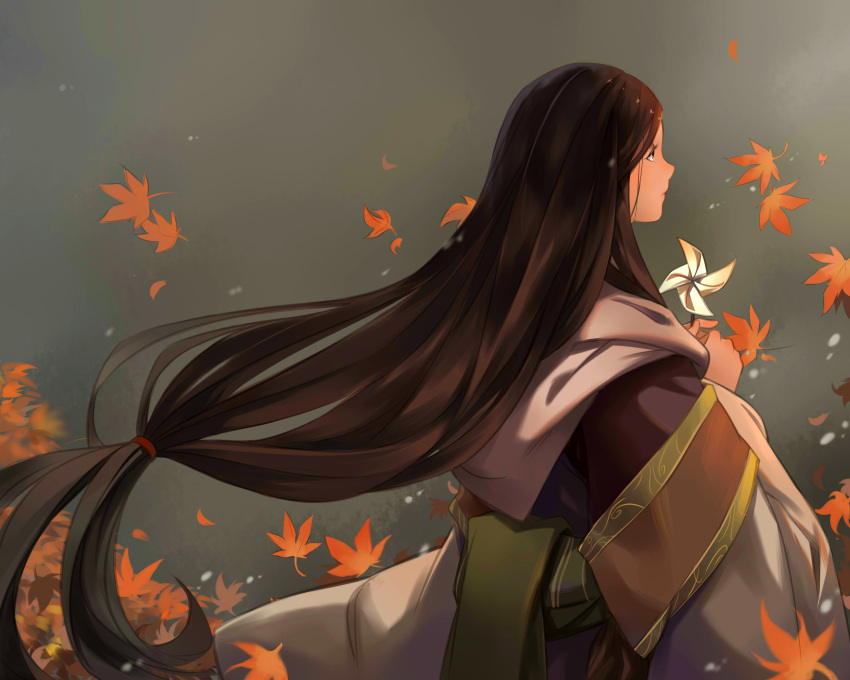 1girl absurdres autumn_leaves banshee_(824947775) black_hair divine_child_of_rejuvenation from_behind grey_background highres japanese_clothes leaf long_hair low-tied_long_hair pinwheel sekiro:_shadows_die_twice solo very_long_hair wide_sleeves wind