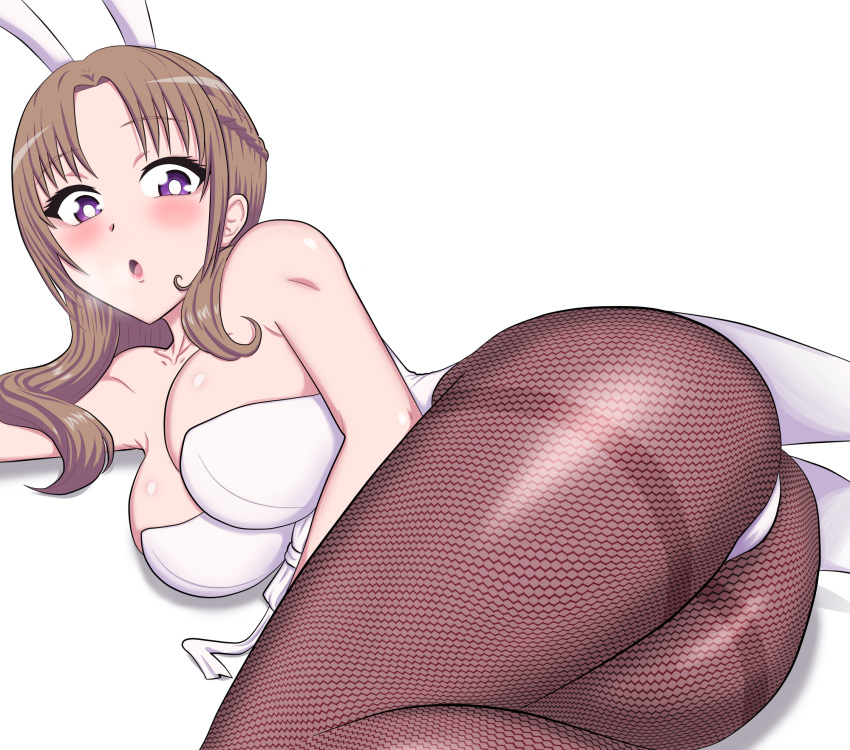 1girl animal_ears ass breasts brown_hair bunny_girl fishnet_pantyhose fishnets highres large_breasts leotard looking_at_viewer mature oosuki_mamako pantyhose rabbit_ears shinjicoca solo tsuujou_kougeki_ga_zentai_kougeki_de_ni-kai_kougeki_no_okaasan_wa_suki_desu_ka? violet_eyes white_leotard