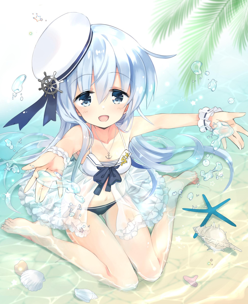 1girl bikini blue_bikini_bottom blue_eyes commentary_request conch full_body hat hibiki_(kantai_collection) highres hizuki_yayoi kantai_collection long_hair looking_at_viewer mismatched_bikini sailor_hat ship's_wheel side-tie_bikini silver_hair sitting smile solo starfish swimsuit verniy_(kantai_collection) wariza water white_bikini_top white_headwear wrist_cuffs