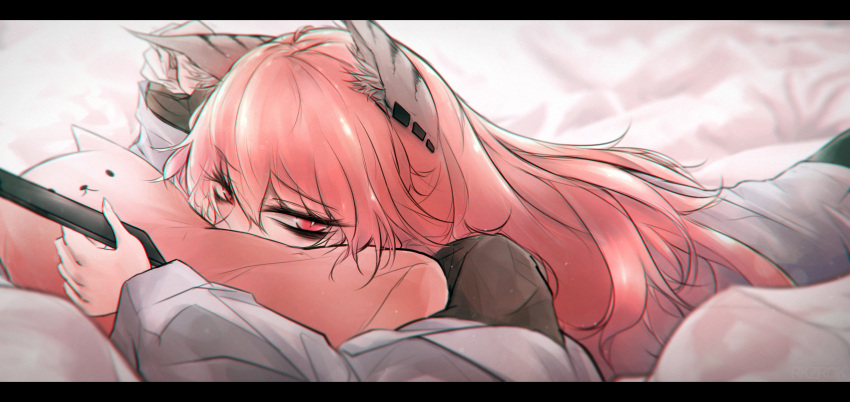 1girl animal_ears girls_frontline hair_between_eyes highres long_hair looking_at_viewer lying on_stomach persica_(girls_frontline) pink_eyes pink_hair rkzrok slit_pupils solo stuffed_toy