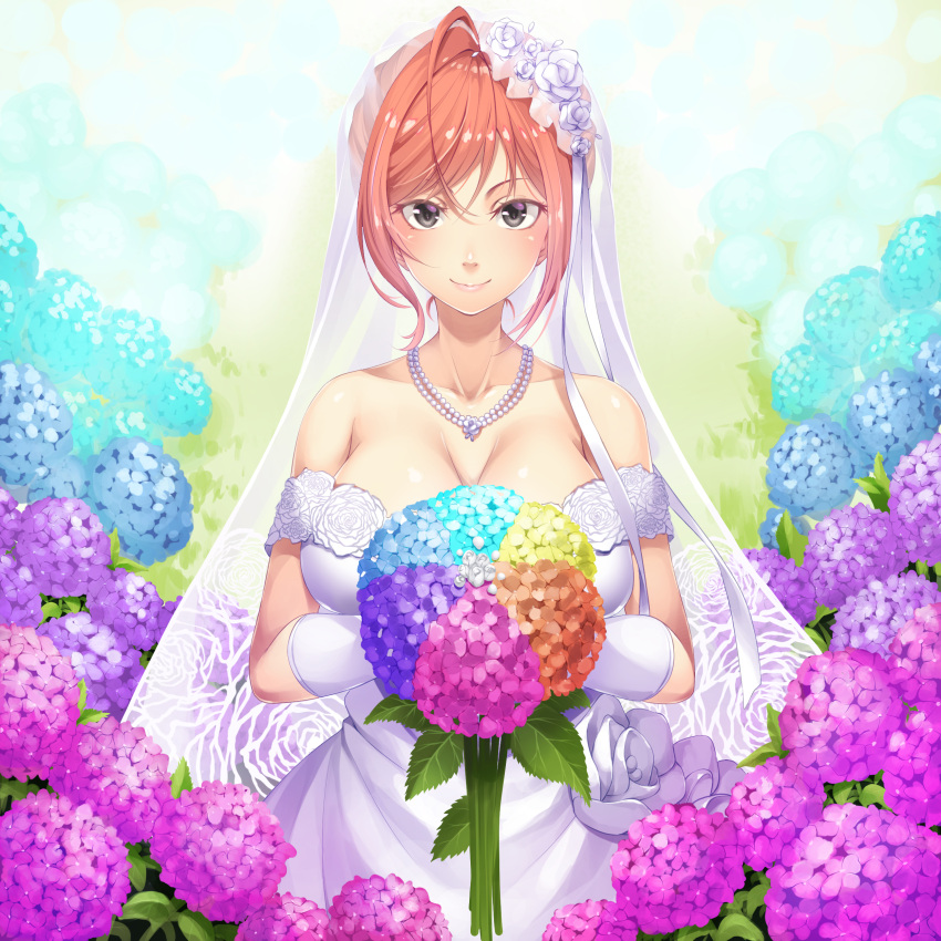 1girl absurdres alternate_hairstyle arisugawa_natsuha bare_shoulders blush bouquet bridal_veil bride brown_hair collarbone commentary_request dress flower gloves grey_eyes hair_flower hair_ornament hair_up highres idolmaster idolmaster_shiny_colors jewelry looking_at_viewer mukunokino_isshiki necklace ribbon sleeveless sleeveless_dress smile solo strapless strapless_dress upper_body veil wedding_dress white_dress white_gloves white_ribbon