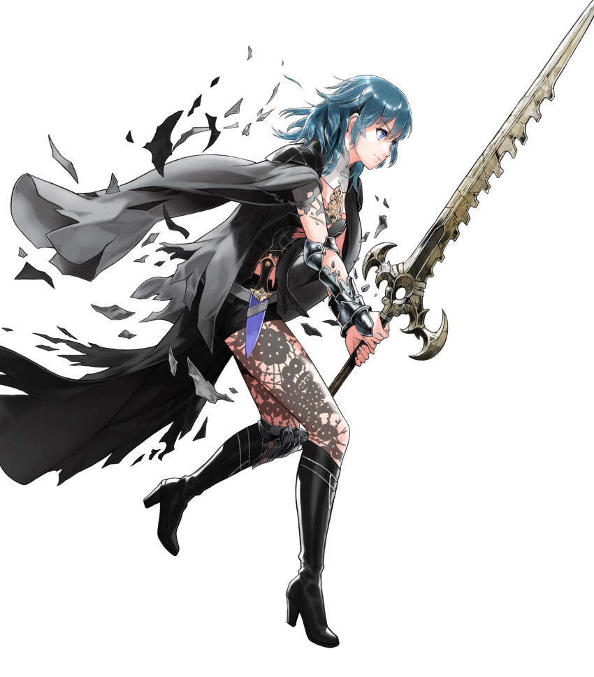 1girl armor belt black_footwear boots breasts byleth byleth_(female) coat dagger fire_emblem fire_emblem:_three_houses fire_emblem_heroes full_body highres hirooka_masaki jacket_on_shoulders knee_boots knee_pads long_hair medium_breasts midriff_peek official_art pantyhose shorts shoulder_pads solo transparent_background weapon