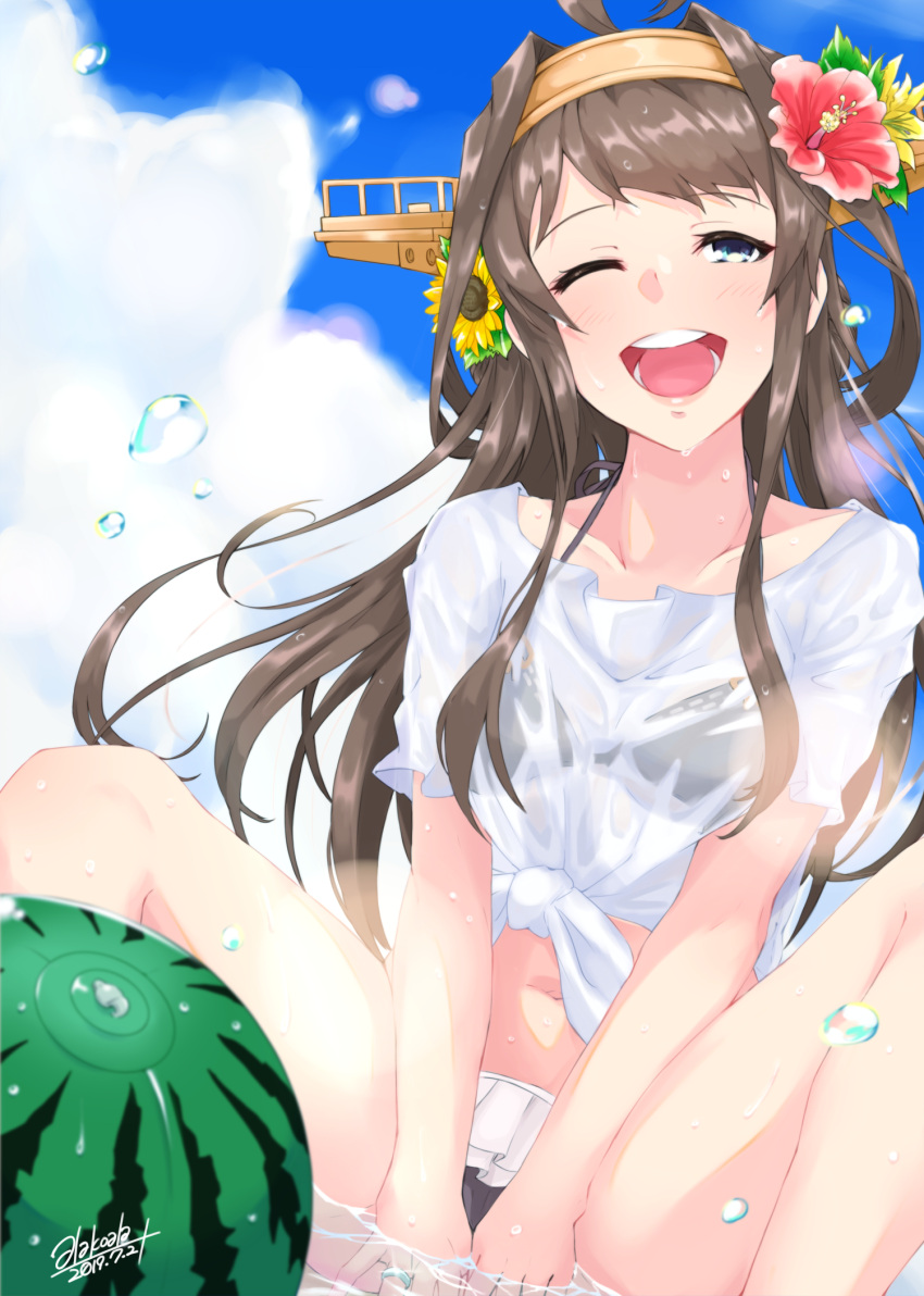 1girl ahoge alakoala_shoushou ball beachball bikini black_bikini blue_sky brown_hair clouds commentary_request dated day double_bun dutch_angle flower frilled_bikini frills hair_flower hair_ornament hairband headgear hibiscus highres jewelry kantai_collection kongou_(kantai_collection) long_hair open_mouth outdoors ring round_teeth see-through shirt signature sitting sky smile solo sunflower swimsuit teeth tied_shirt upper_teeth violet_eyes watermelon_beachball wedding_band wet wet_clothes wet_shirt wet_t-shirt white_shirt